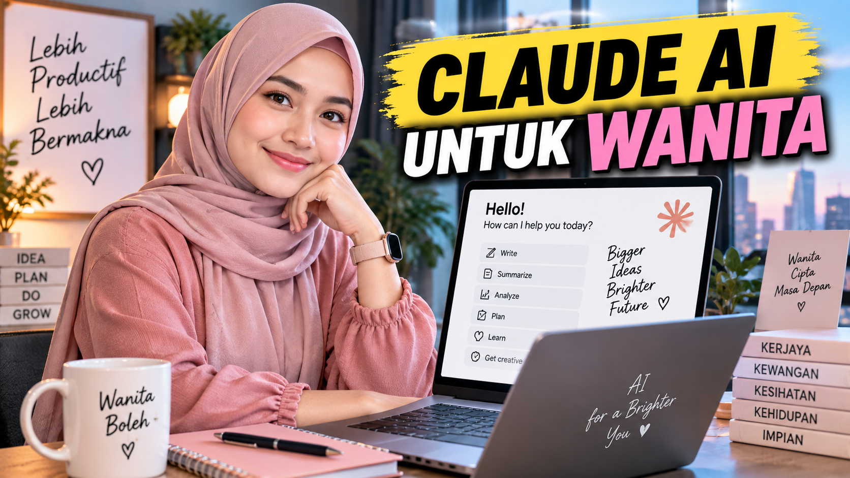 Wanita profesional menggunakan Claude AI untuk produktiviti kerja dan kandungan