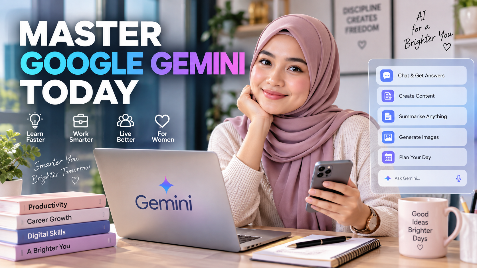 Image of Master Google Gemini Today Woman using Google Gemini on a laptop for work, study and productivity