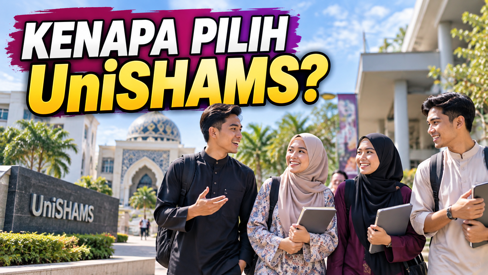 Pelajar Malaysia berjalan di kampus sambil mempertimbangkan pilihan pengajian di UniSHAMS