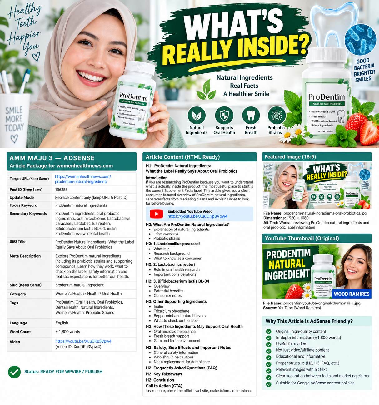 Woman reviewing ProDentim natural ingredients and oral probiotic label information