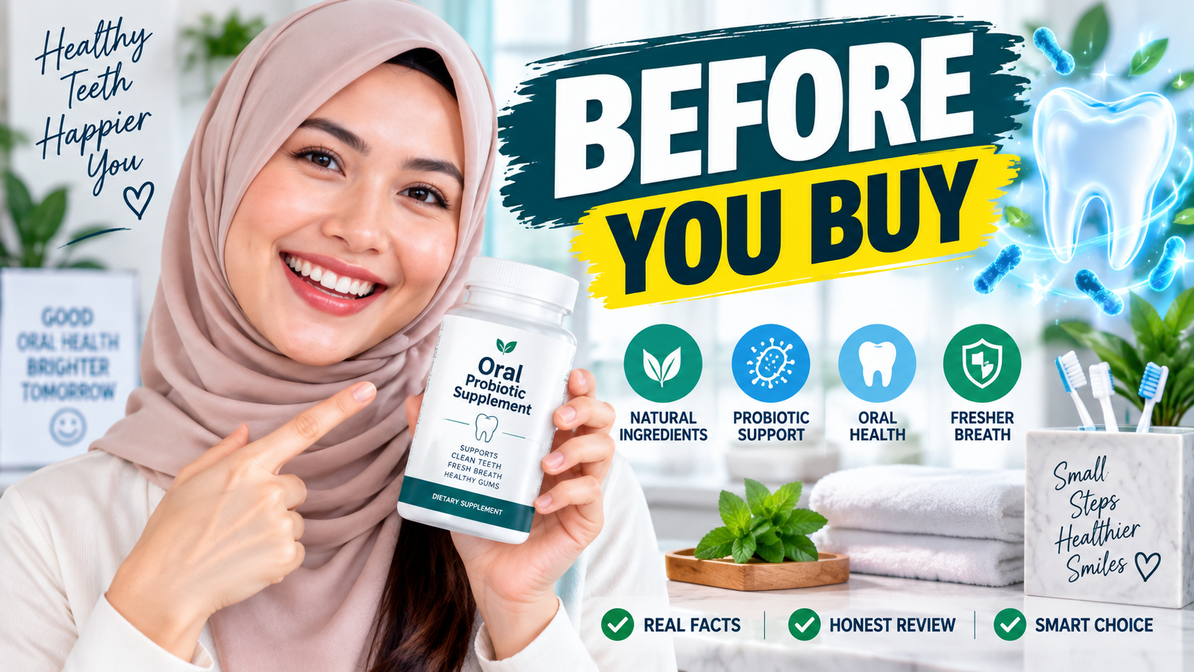 Image of ProDentim Reviews Before You Buy 1 Woman reviewing an oral probiotic supplement before buying ProDentim