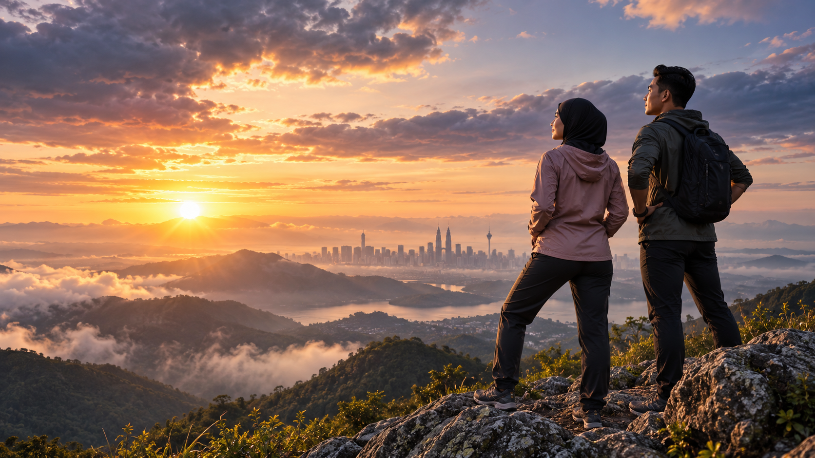 Image of Gapai Angkasa – Keberanian Mengejar Impian Wanita Melayu bertudung dan lelaki Malaysia berdiri di puncak gunung menghadap matahari terbit sebagai simbol bangkit dan mengejar impian