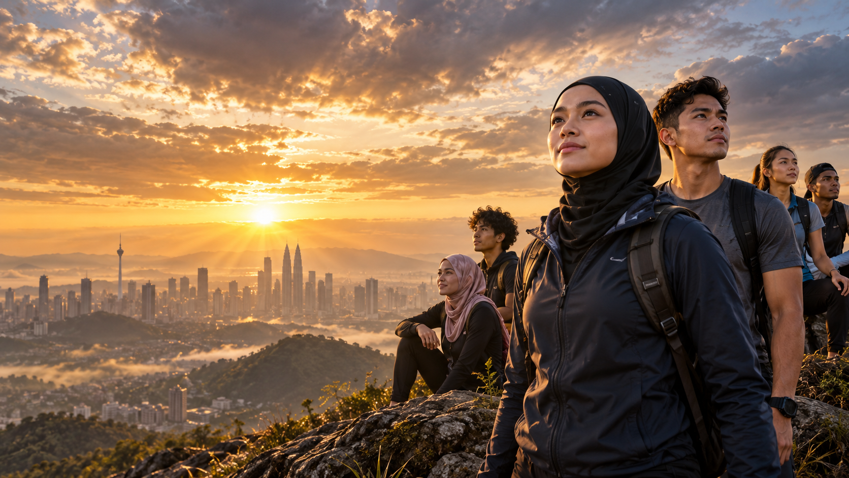 Image of Kita Menang – Semangat Bangkit dan Gapai Impian Golongan muda Malaysia termasuk wanita Melayu bertudung berdiri di puncak menghadap matahari terbit sebagai simbol bangkit dan mengejar impian
