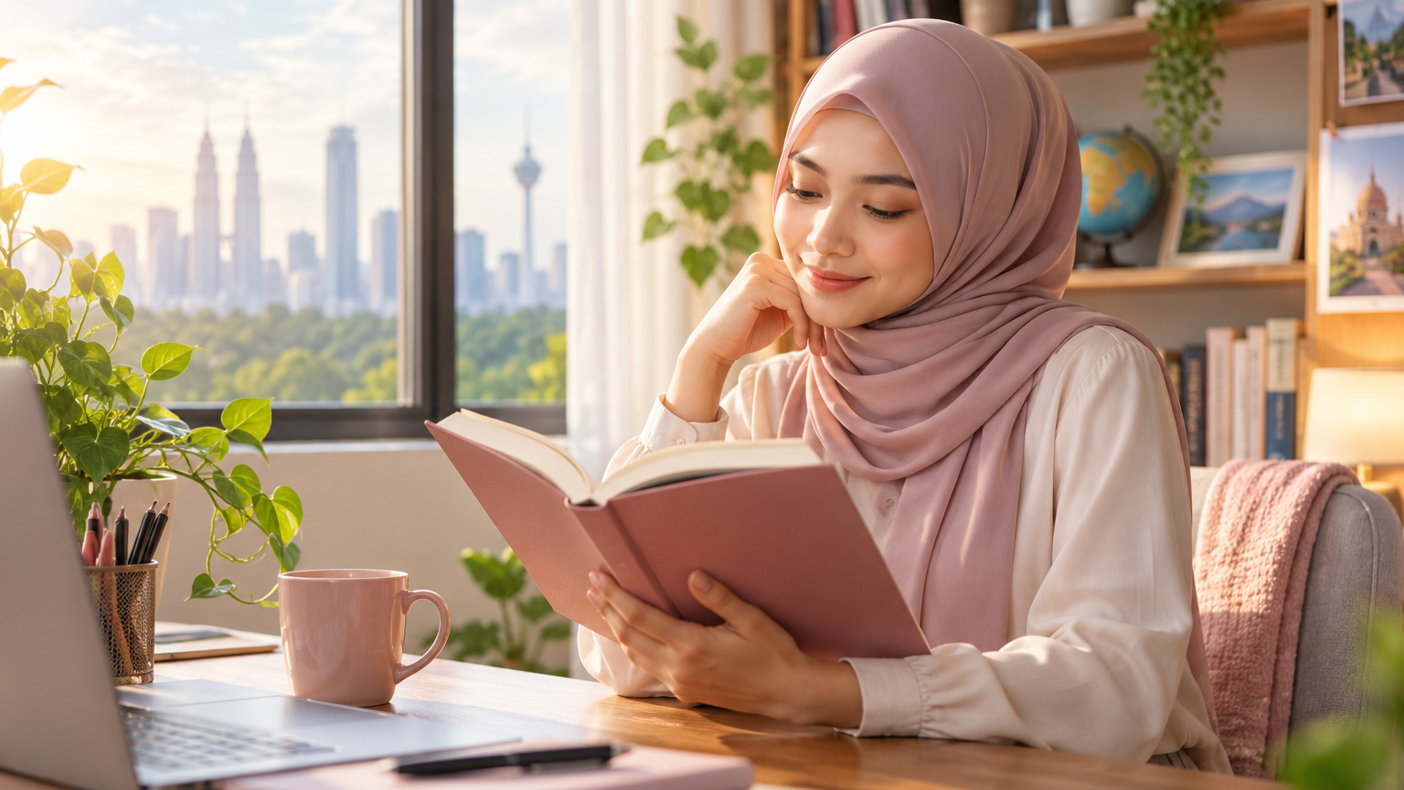 Image of Kuasa Membaca Wanita — Buka Dunia Bina Masa Depan Wanita Melayu berhijab membaca buku di ruang belajar cerah