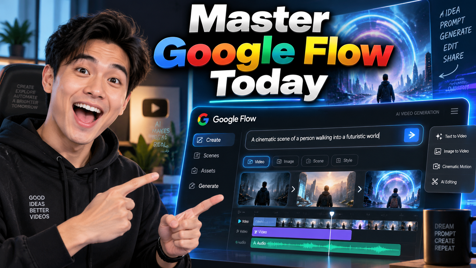Image of Master Google Flow Today YouTube-style thumbnail for a Google Flow tutorial showing an AI video creation interface with the text Master Google Flow Today.