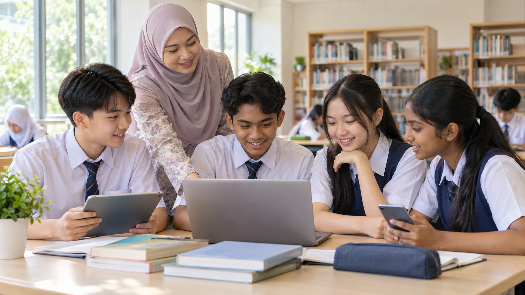 Image of Media Sosial Selamat untuk Pembelajaran Pelajar Pelajar Malaysia menggunakan media sosial dan peranti digital secara selamat untuk pembelajaran bersama guru